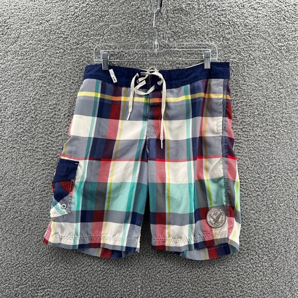 American Eagle Swim Trunks Board Shorts Mens Medium Multicolored Plaid Unlined - Picture 1 of 12